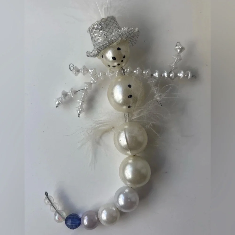 Vintage‎ 70s Beaded Pearl Snowman Ornament 6